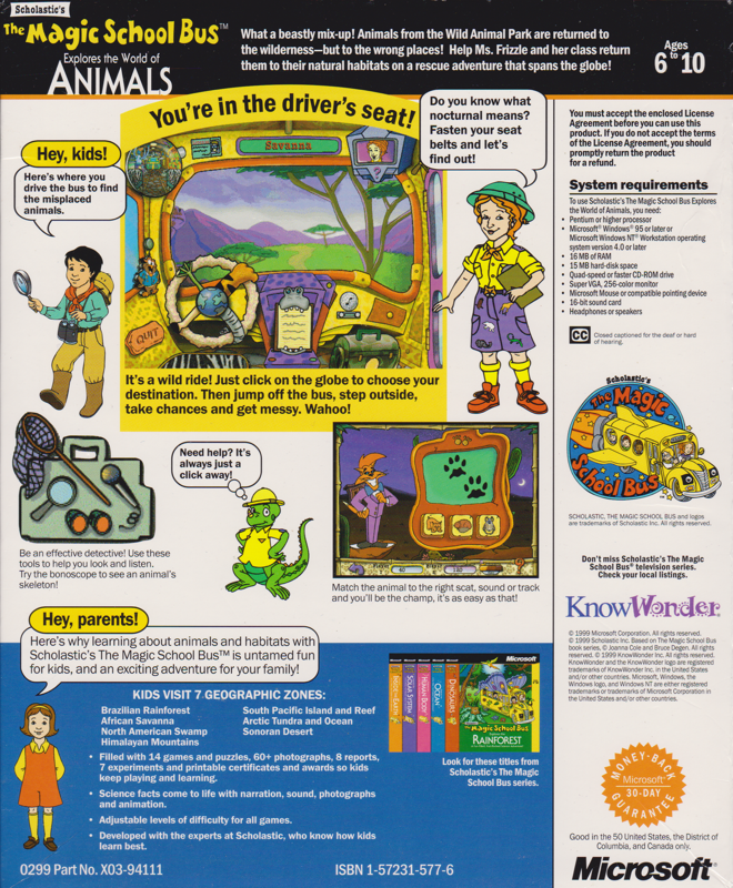 Back Cover for Scholastic's The Magic School Bus Explores the World of Animals (Windows) (Original release)