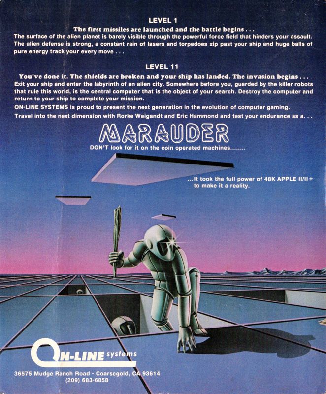 Back Cover for Marauder (Apple II) (On-line Systems release)