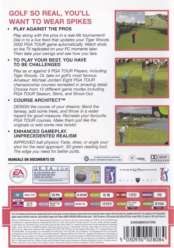 Back Cover for Tiger Woods PGA Tour 2000 (Windows) (EA Sports Classics release)