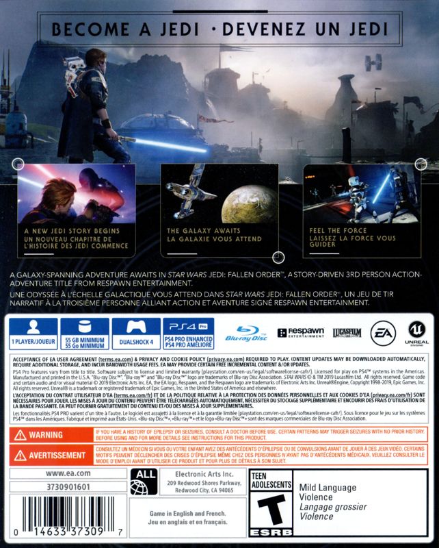 Back Cover for Star Wars: Jedi - Fallen Order (PlayStation 4)
