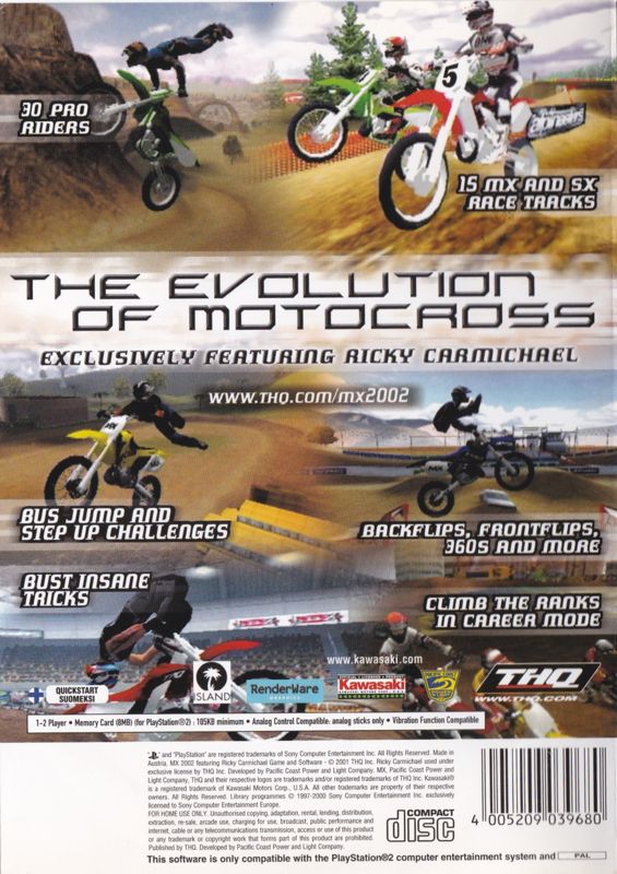 Back Cover for MX 2002 featuring Ricky Carmichael (PlayStation 2)