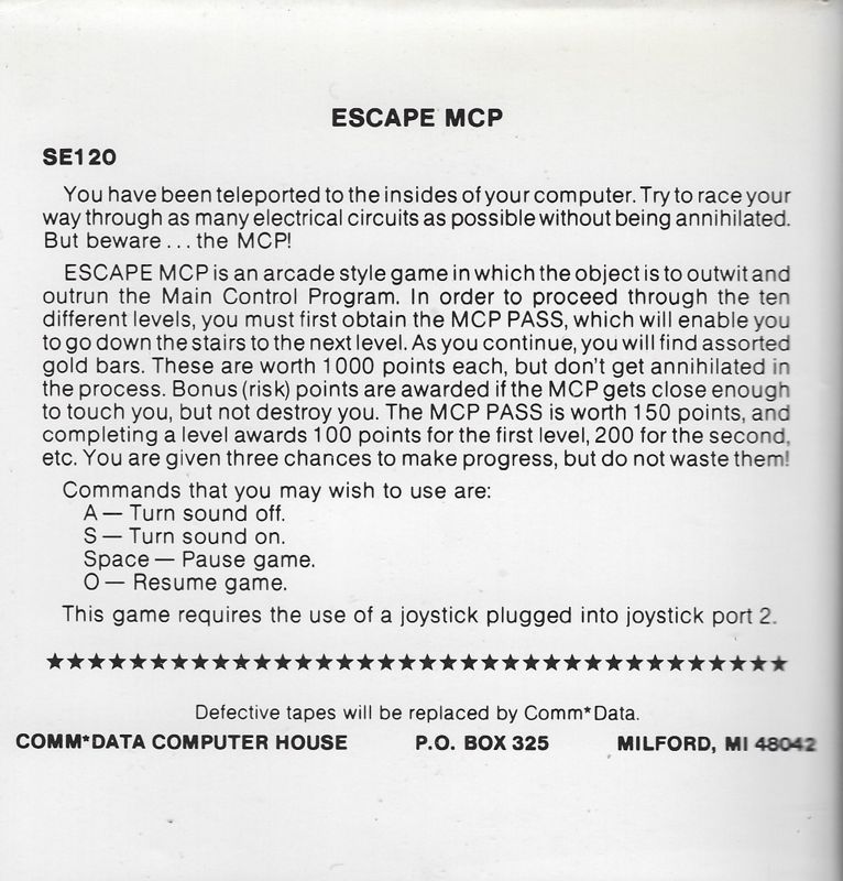 Back Cover for Escape MCP (Commodore 64)