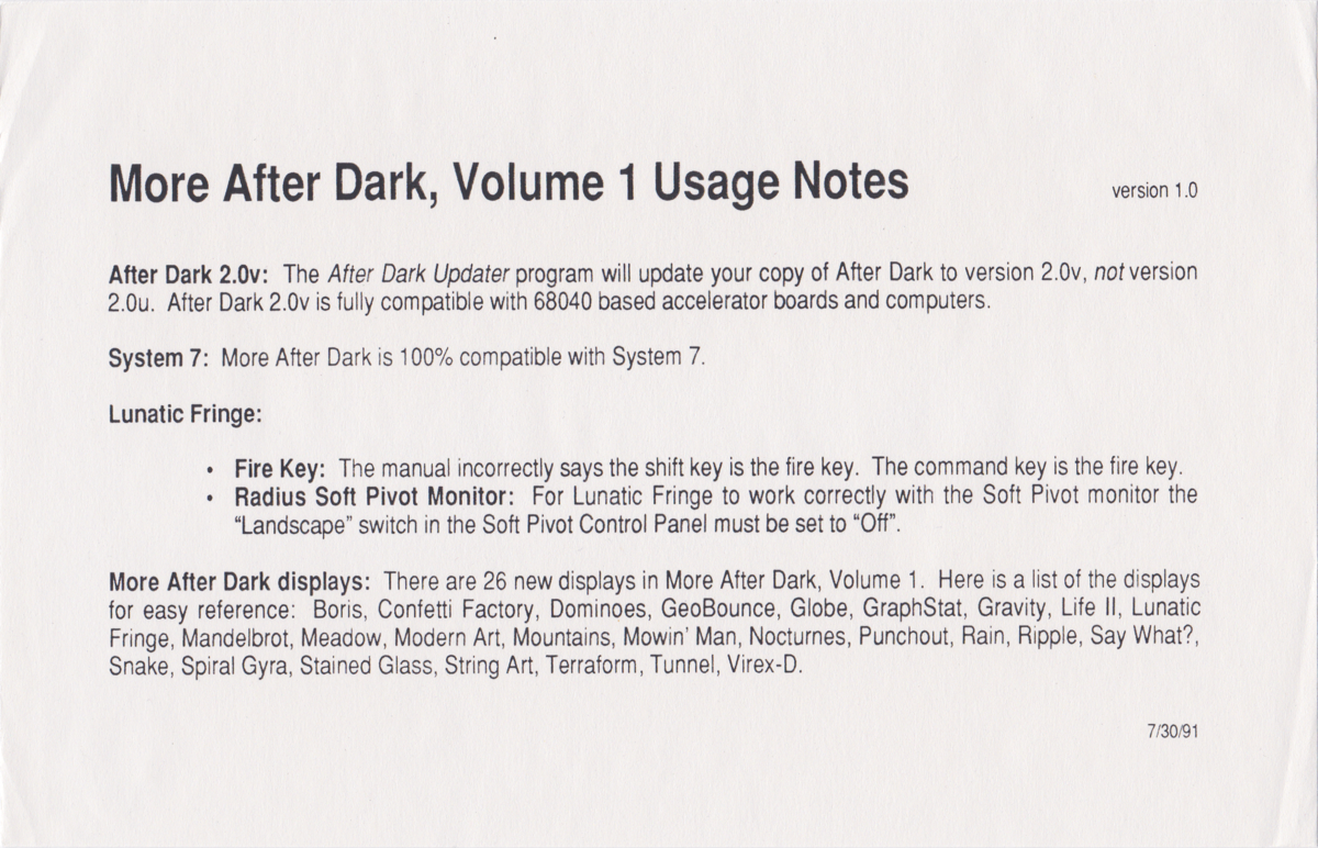 Other for More After Dark: Volume 1 (Macintosh) (v1.0 release): Usage Notes