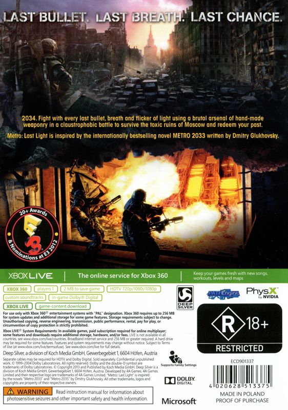 Metro: Last Light cover or packaging material - MobyGames