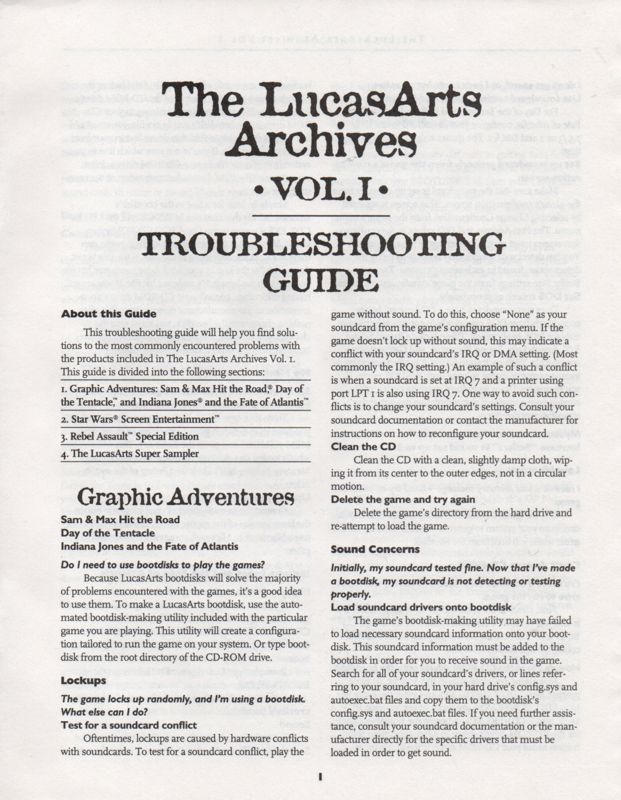 Other for The LucasArts Archives: Vol. I (DOS): Troubleshooting Guide - Front
