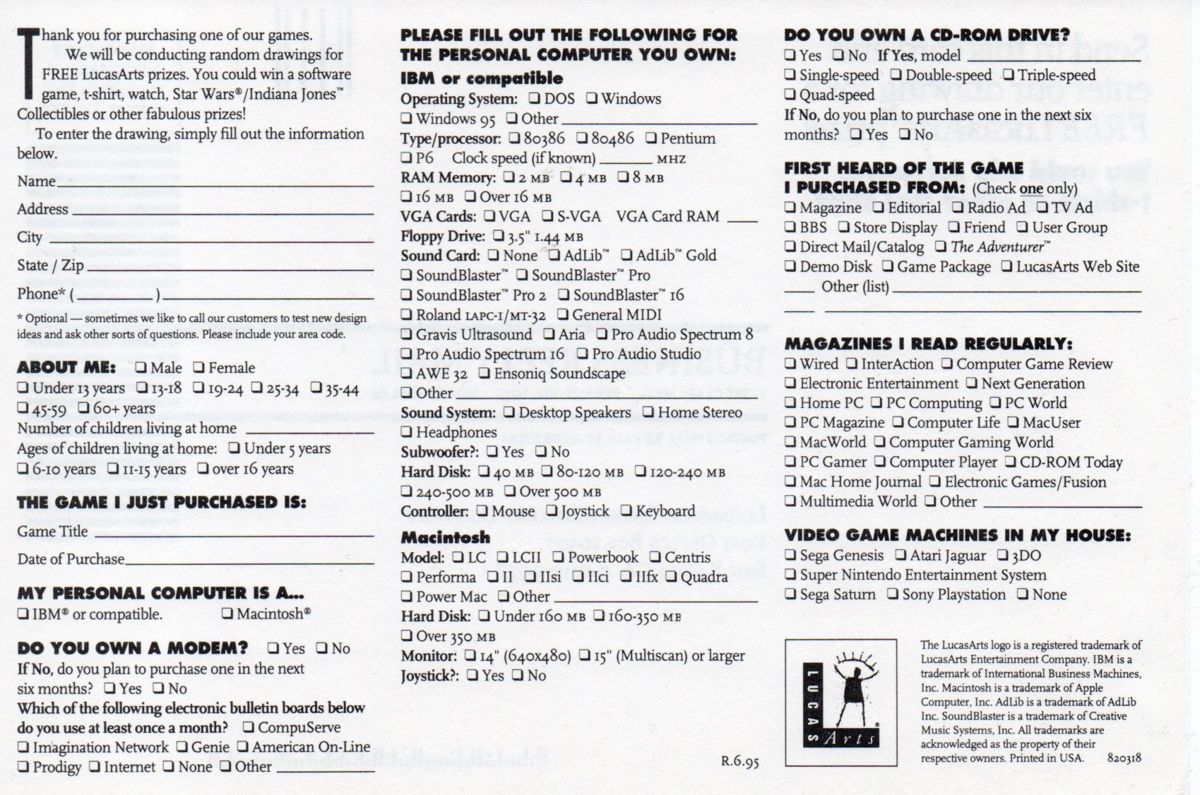 Other for The LucasArts Archives: Vol. I (DOS): Registration Card - Back