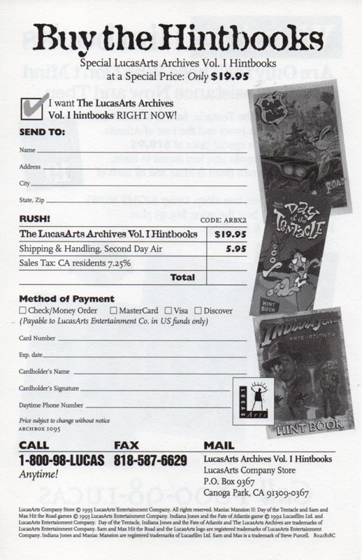 Advertisement for The LucasArts Archives: Vol. I (DOS): Hintbook Order Card - Back