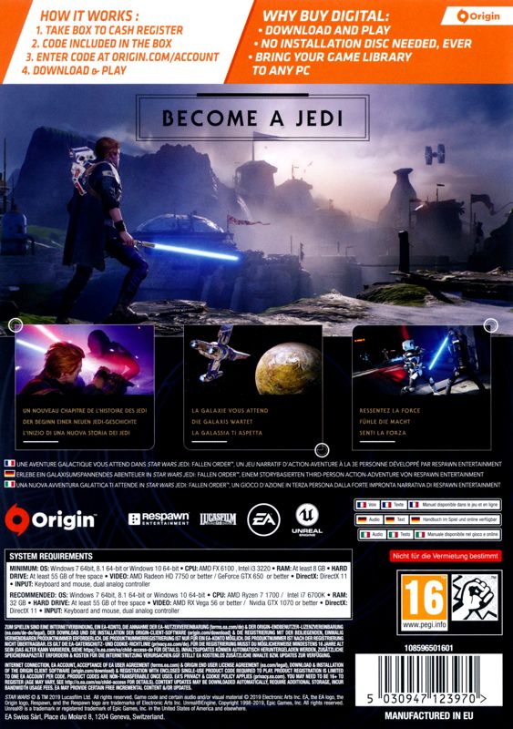 Back Cover for Star Wars: Jedi - Fallen Order (Windows)