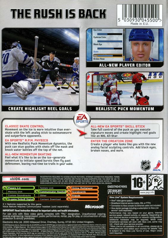 Back Cover for NHL 06 (Xbox)