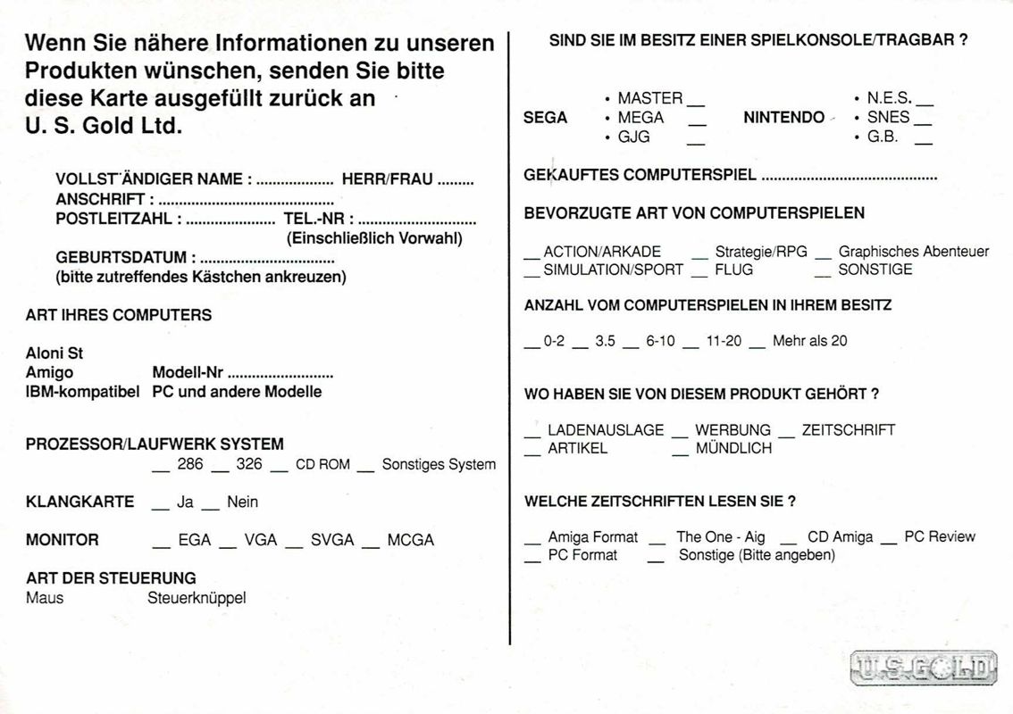 Extras for Under a Killing Moon (DOS): Registration Card - Back