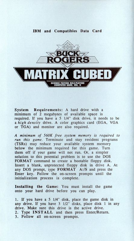 Reference Card for Buck Rogers: Matrix Cubed (DOS)