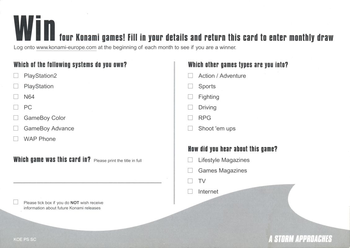 Extras for Silent Hill 3 (PlayStation 2): Survey Card - Front