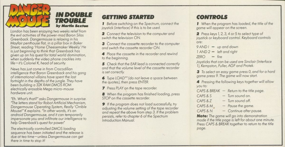 Inside Cover for Danger Mouse in Double Trouble (ZX Spectrum)