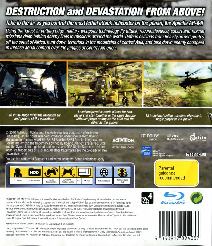 Back Cover for Apache Air Assault (PlayStation 3)