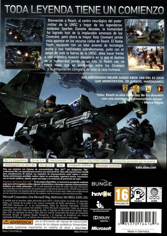 Back Cover for Halo: Reach (Xbox 360)