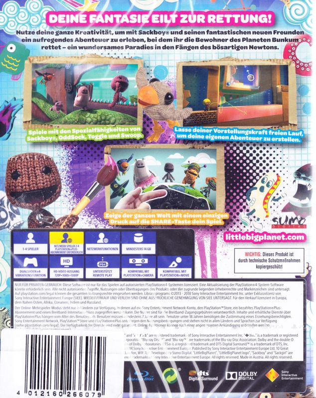 Back Cover for LittleBigPlanet 3 (PlayStation 4) (PlayStation Hits release)