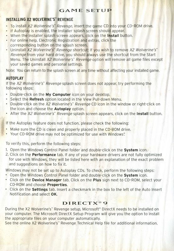 Inside Cover for X2: Wolverine's Revenge (Windows) (Essential Collection release): Left