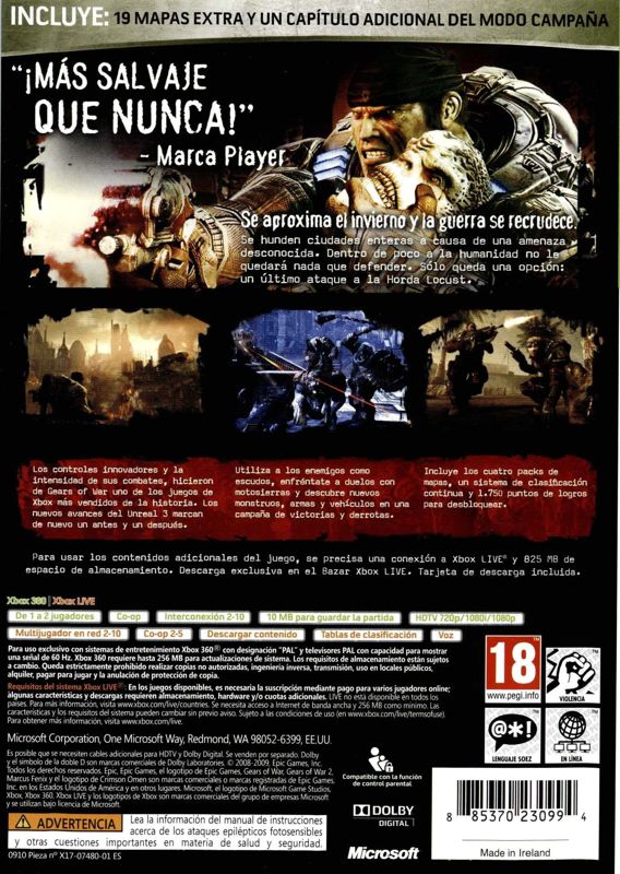 Back Cover for Gears of War 2 (Xbox 360) (Classics Best Seller release)