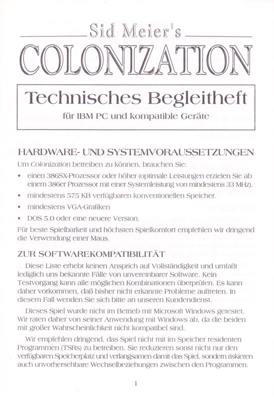 Manual for Sid Meier's Colonization (DOS): Technical Instructions - Front