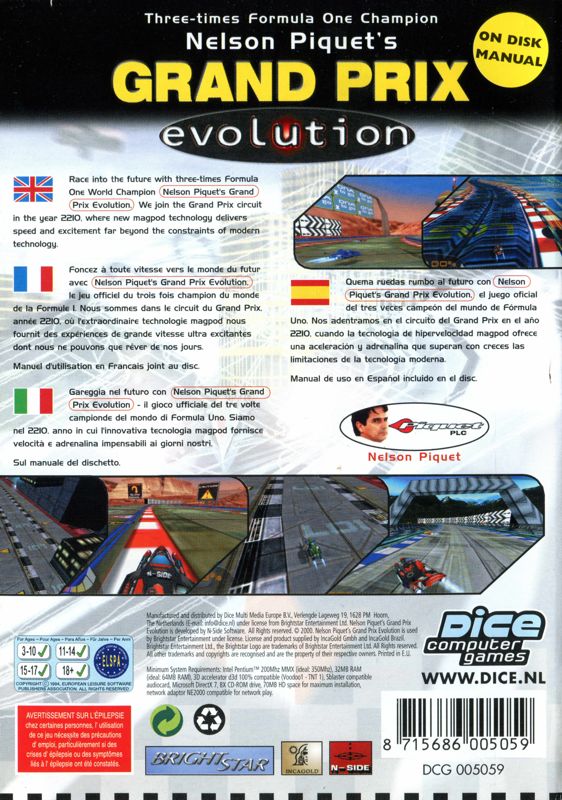 Back Cover for Nelson Piquet's Grand Prix: Evolution (Windows) (Dice Multi Media release)