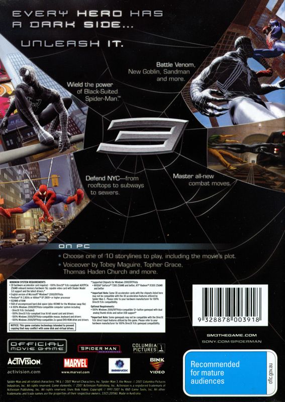 Back Cover for Spider-Man 3 (Windows)