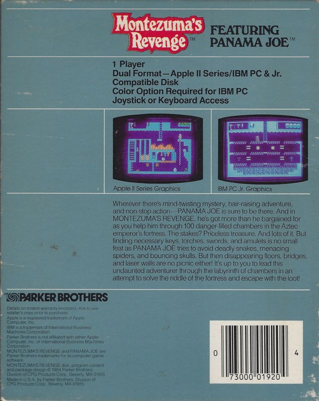 Back Cover for Montezuma's Revenge (Apple II and PC Booter)