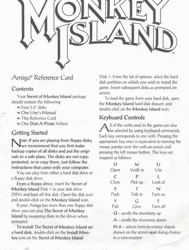 Reference Card for The Secret of Monkey Island (Amiga): Front