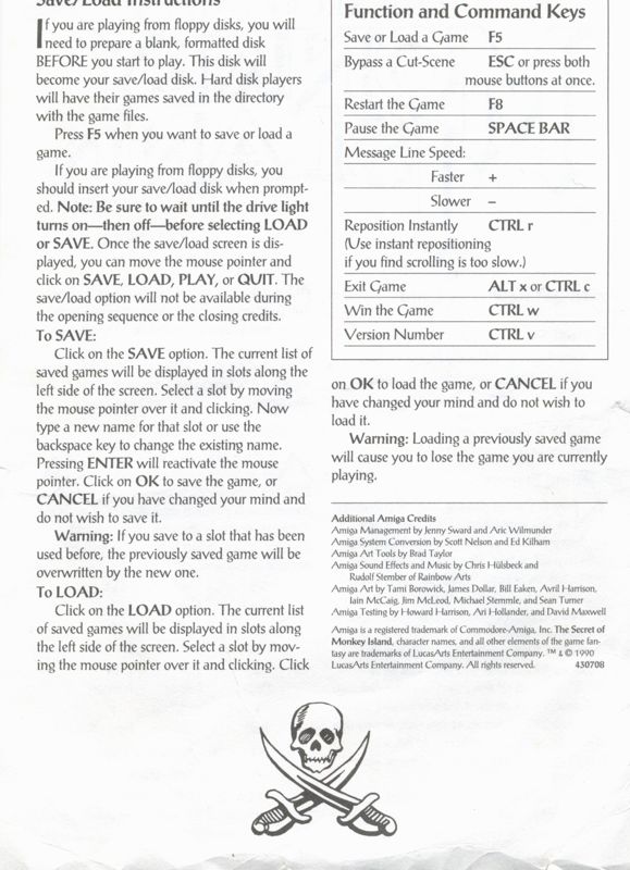 Reference Card for The Secret of Monkey Island (Amiga): Back