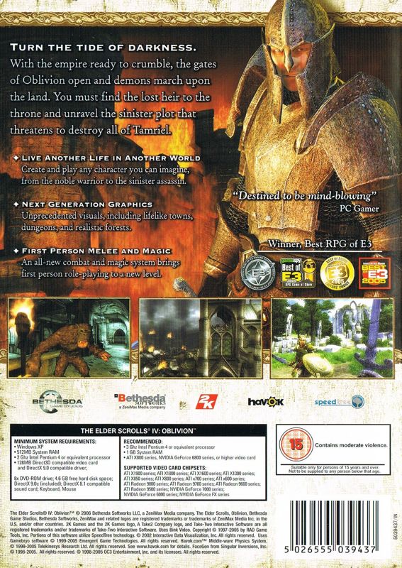 Back Cover for The Elder Scrolls IV: Oblivion (Windows) (Release with BBFC rating)