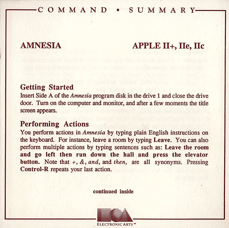 Reference Card for Amnesia (Apple II)