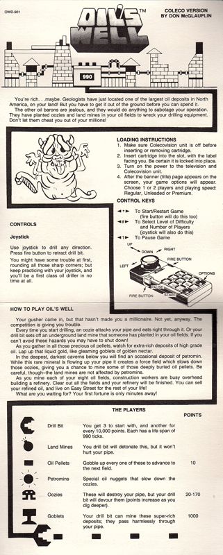 Manual for Oil's Well (ColecoVision): Inside