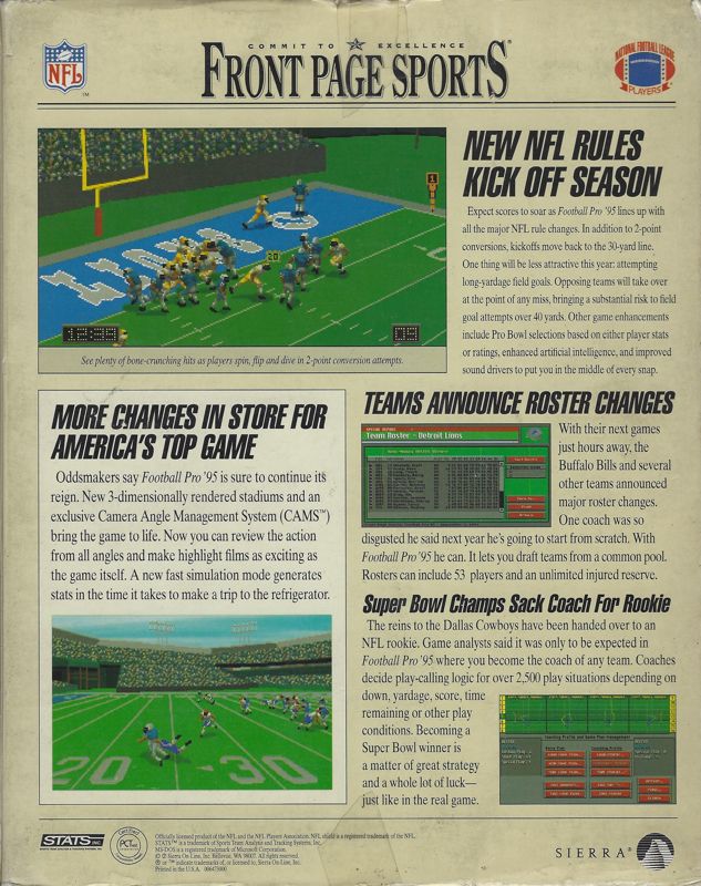 Back Cover for Front Page Sports: Football Pro '95 (DOS)