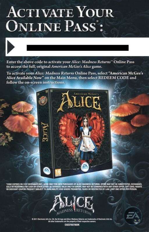 Other for Alice: Madness Returns (Xbox 360) (General European release): Online Pass - Front