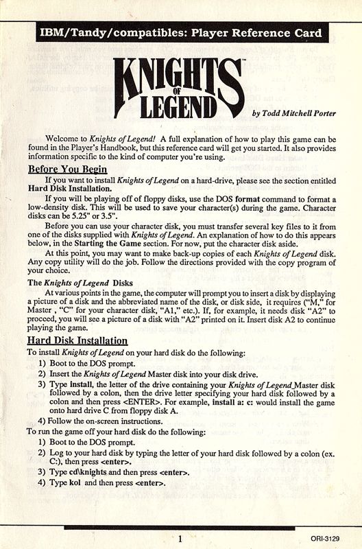 Reference Card for Knights of Legend (DOS)
