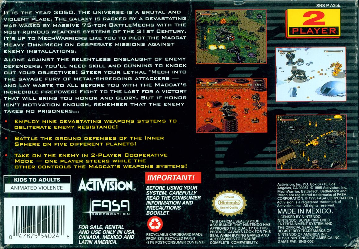 Back Cover for BattleTech: A Game of Armored Combat (SNES)