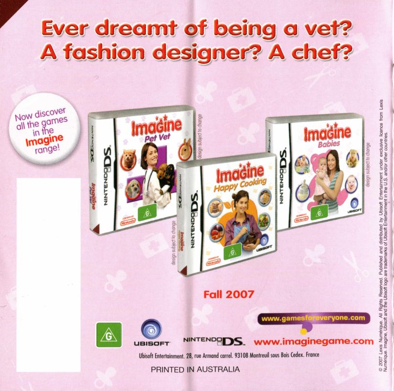 Manual for Imagine: Fashion Designer (Nintendo DS): Back