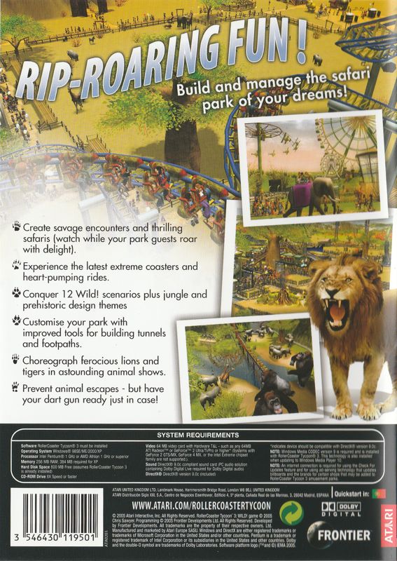 Back Cover for RollerCoaster Tycoon 3: Wild! (Windows)