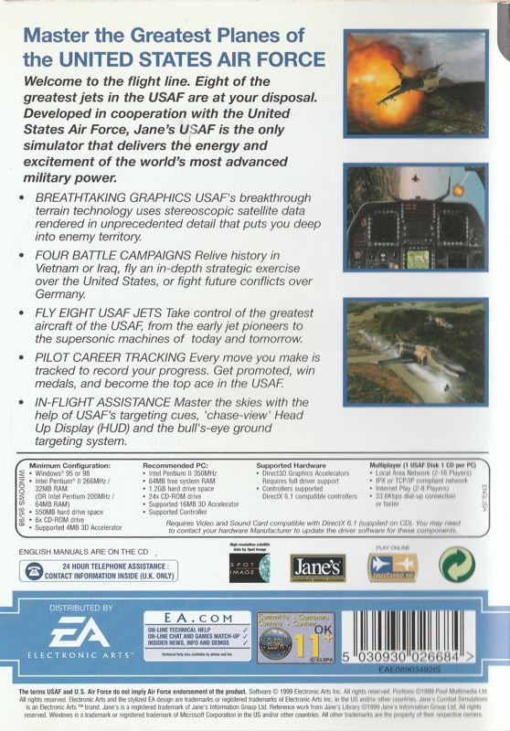 Back Cover for Jane's Combat Simulations: USAF - United States Air Force (Windows) (EA Classics release)