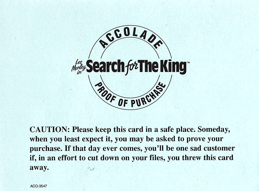 Other for Les Manley in: Search for the King (DOS) (Version 1.1): Proof of Purchase