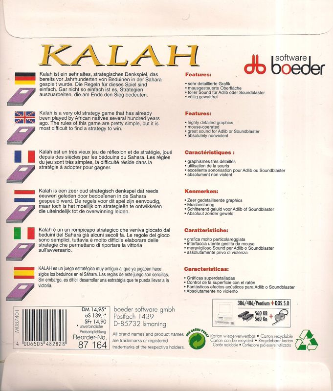 Back Cover for Kalah (DOS)