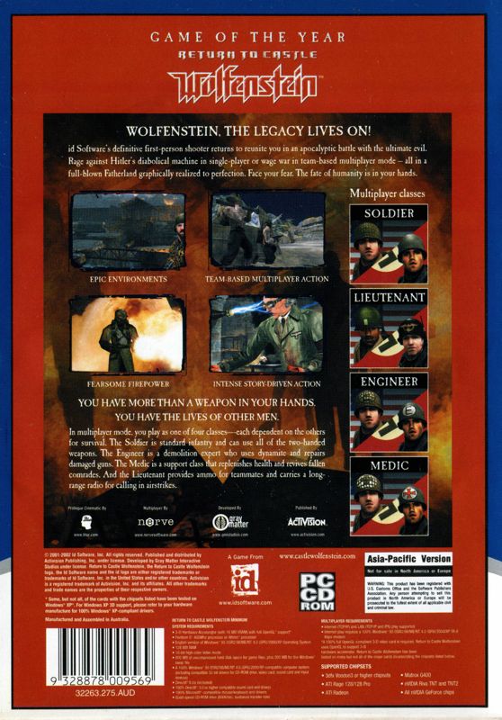 Back Cover for Return to Castle Wolfenstein: Game of the Year (Windows) (Essential Collection release)