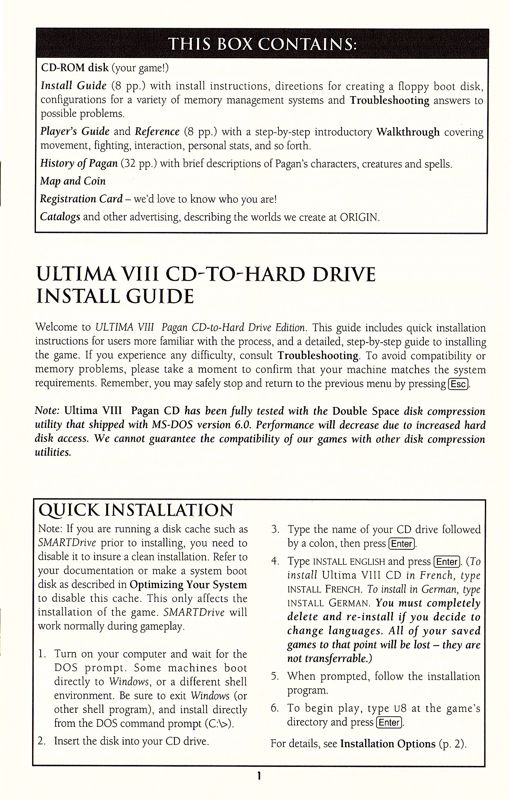 Reference Card for Pagan: Ultima VIII (DOS): Install Guide