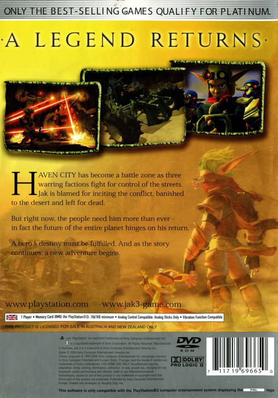 Back Cover for Jak 3 (PlayStation 2) (Platinum release)