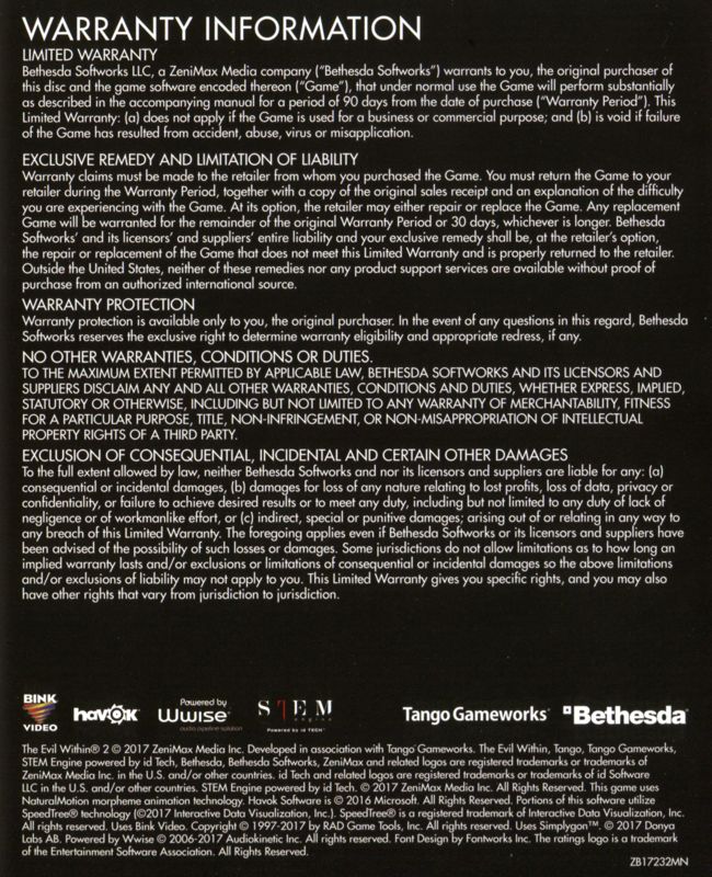 Manual for The Evil Within 2 (PlayStation 4): Back