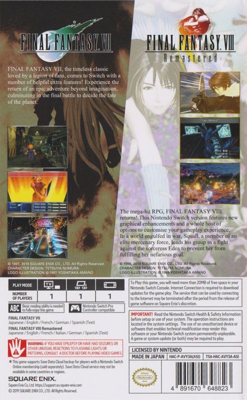 Back Cover for Final Fantasy VII & Final Fantasy VIII: Remastered (Twin Pack) (Nintendo Switch)