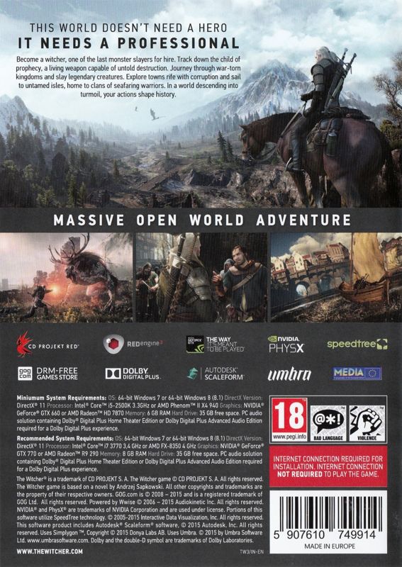 Other for The Witcher 3: Wild Hunt (Windows): Keep Case - Game Discs 1-3 - Back