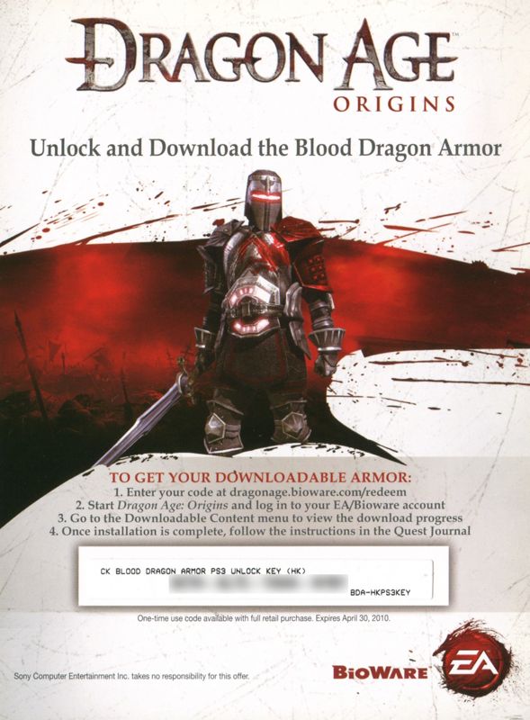 Extras for Dragon Age: Origins (PlayStation 3): DLC Code 2 - Front