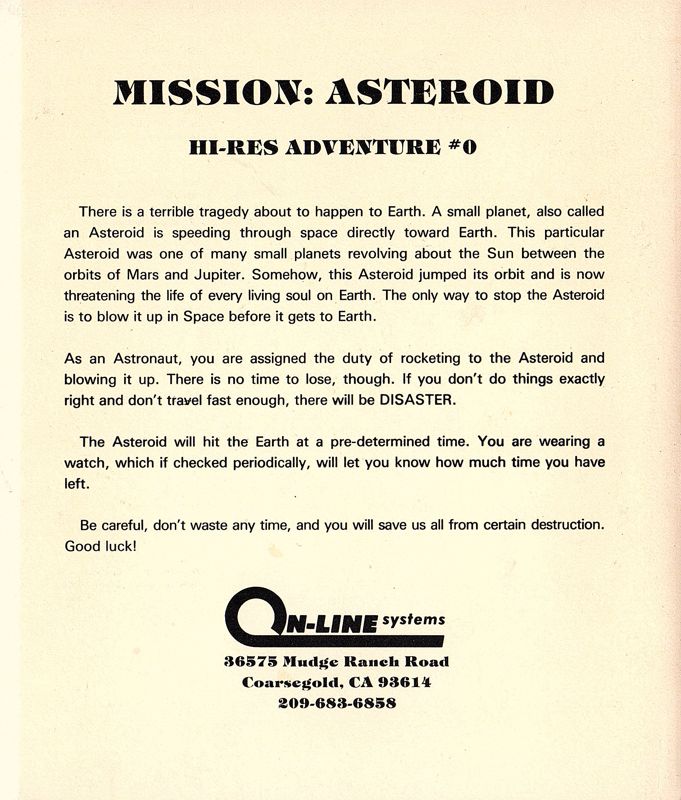 Back Cover for Hi-Res Adventure #0: Mission Asteroid (Atari 8-bit)