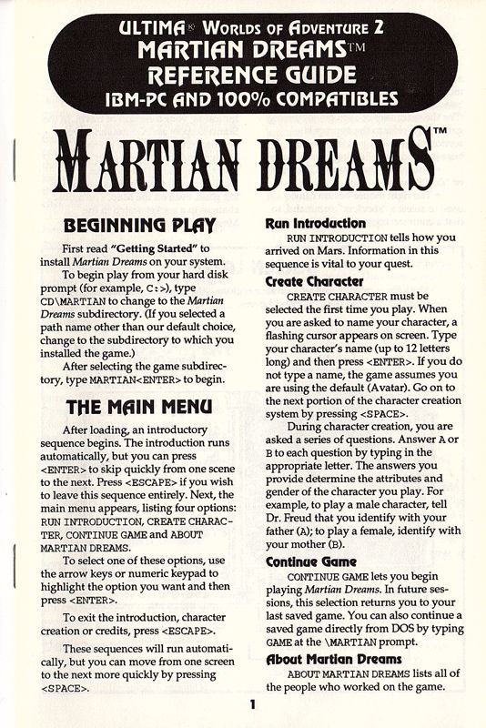 Reference Card for Ultima: Worlds of Adventure 2 - Martian Dreams (DOS) (5.25" HD disk release): Reference Guide