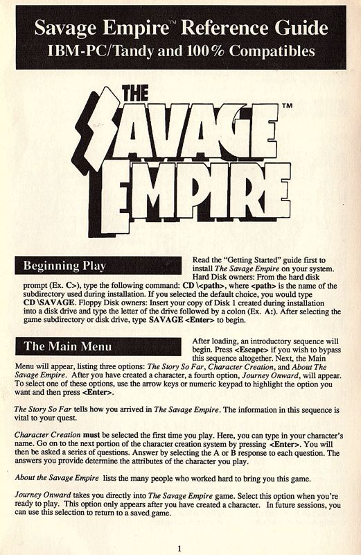 Reference Card for Worlds of Ultima: The Savage Empire (DOS): Reference Guide